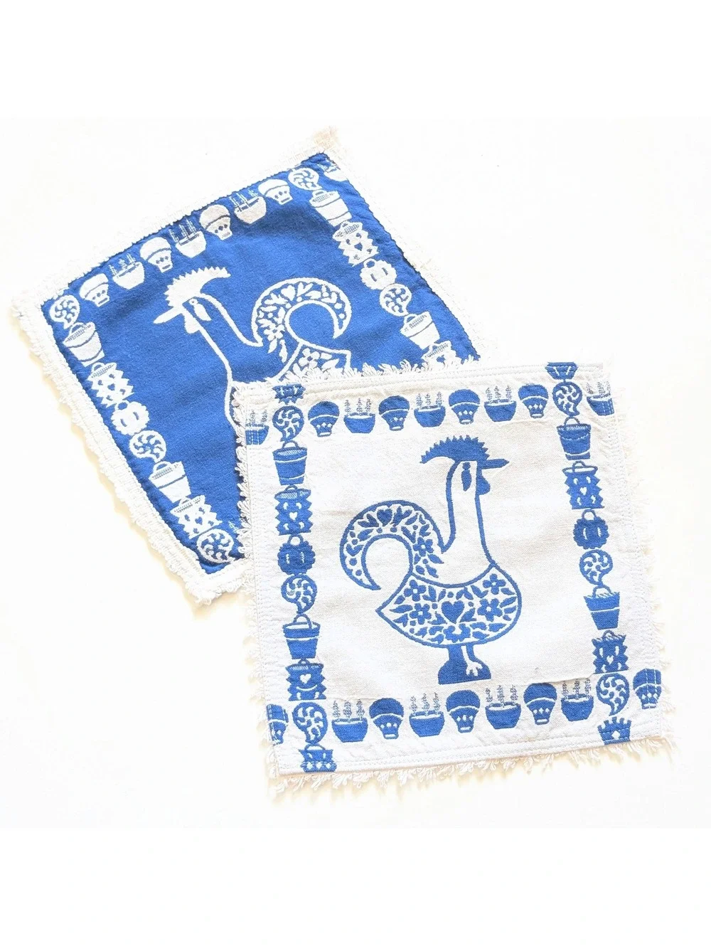 Vintage Scandinavian Cloth Napkins with Folk Art Stylized Rooster Design